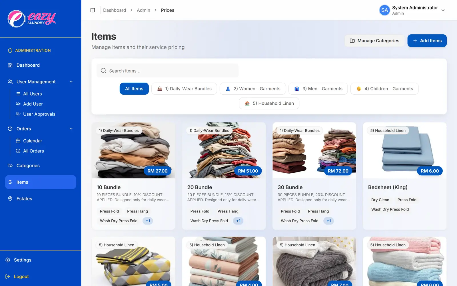 EazyLaundry service items and prices